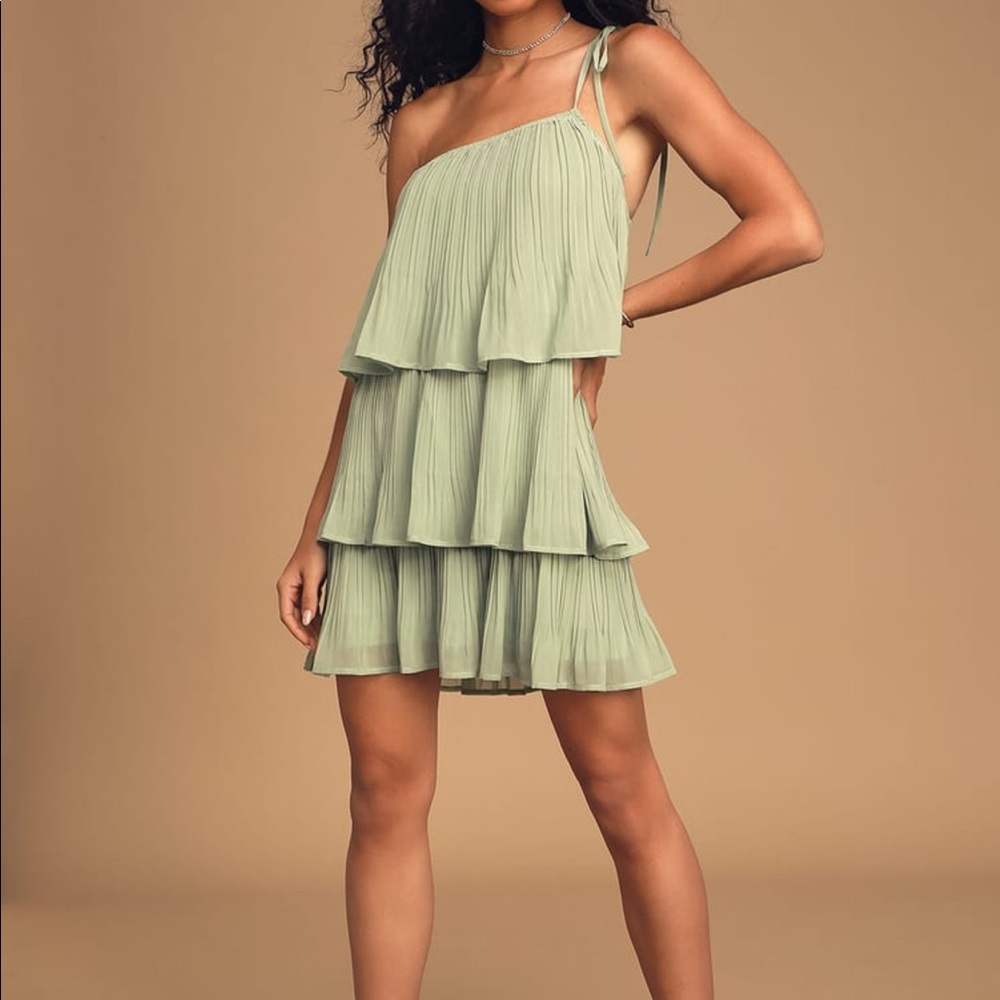 Lulus Blowing Kisses Sage One-Shoulder Mini Dress